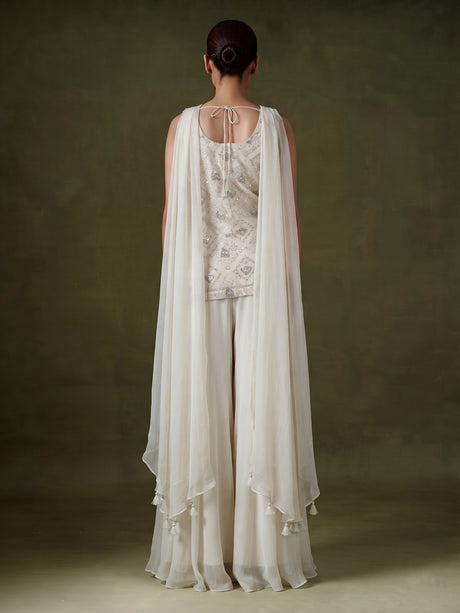 Cream organza and crepe embellished palazzo suit