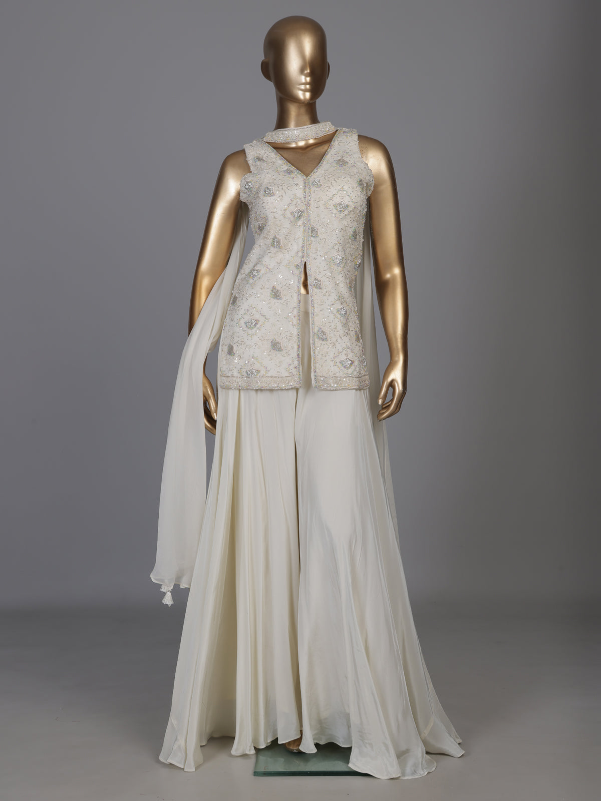Cream organza and crepe embellished palazzo suit