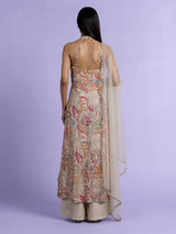 Beige chiffon and raw silk printed anarkali suit