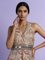 Beige chiffon and raw silk printed anarkali suit