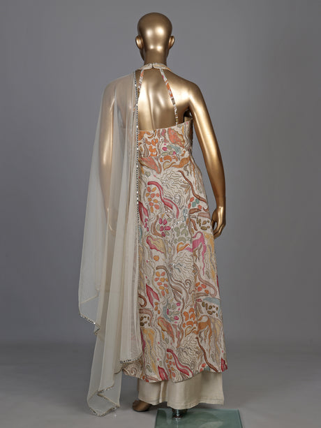 Beige chiffon and raw silk printed anarkali suit