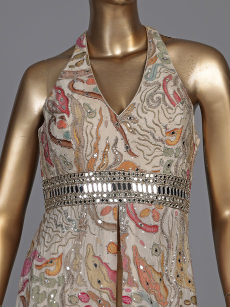 Beige chiffon and raw silk printed anarkali suit