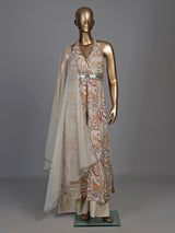Beige chiffon and raw silk printed anarkali suit