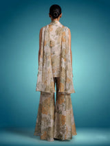 Light grey floral tissue silk palazzo suit with mustard print