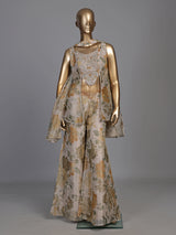Light grey floral tissue silk palazzo suit with mustard print
