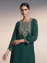 Bottle green satin silk palazzo suit with zardosi tassel work