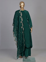 Bottle green satin silk palazzo suit with zardosi tassel work