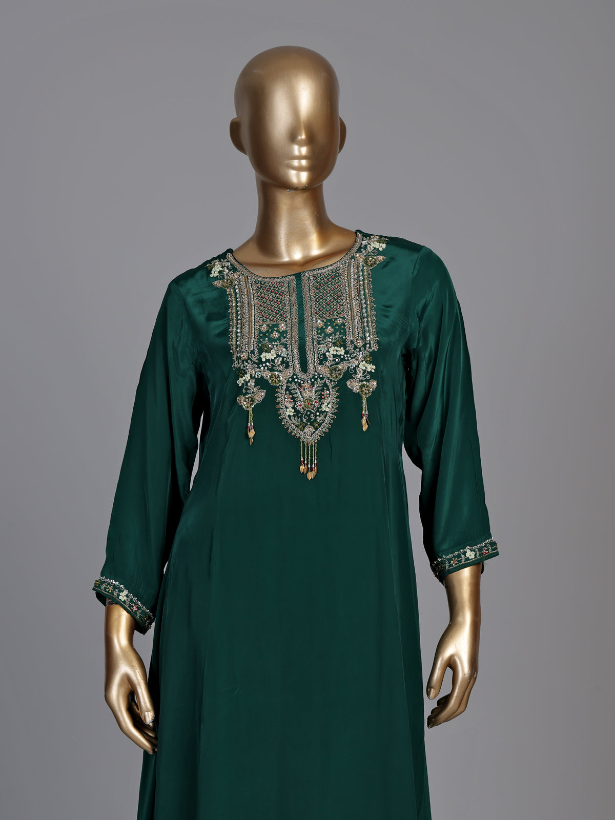 Bottle green satin silk palazzo suit with zardosi tassel work