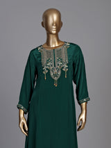 Bottle green satin silk palazzo suit with zardosi tassel work