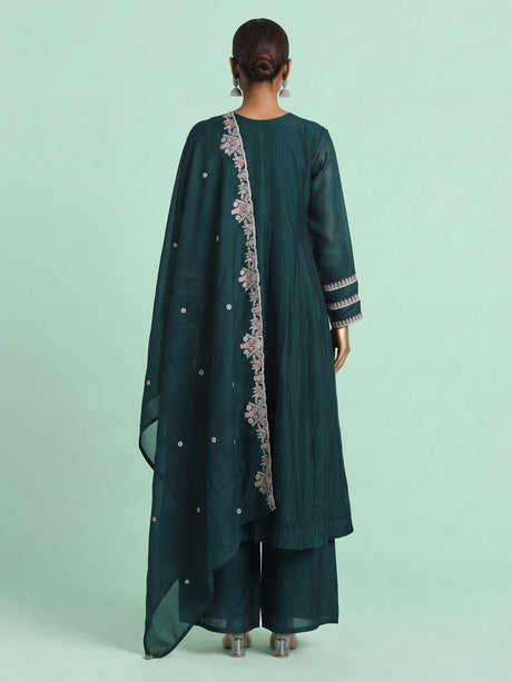 Bottle green chanderi silk anarkali suit with embellished sweetheart neckline