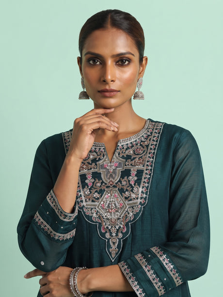 Bottle green chanderi silk anarkali suit with embellished sweetheart neckline