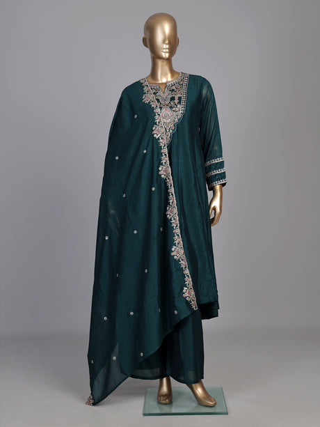 Bottle green chanderi silk anarkali suit with embellished sweetheart neckline