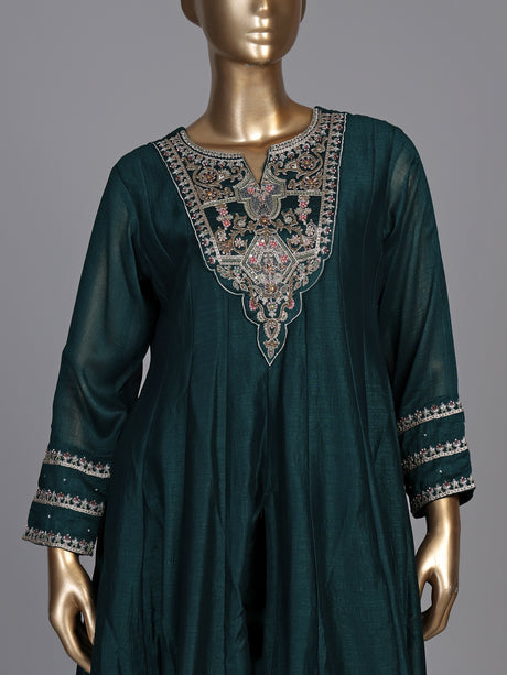 Bottle green chanderi silk anarkali suit with embellished sweetheart neckline