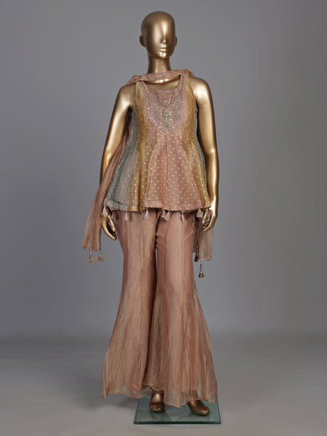 Peach dual-tone lurex tissue suit with zardosi embellished palazzo