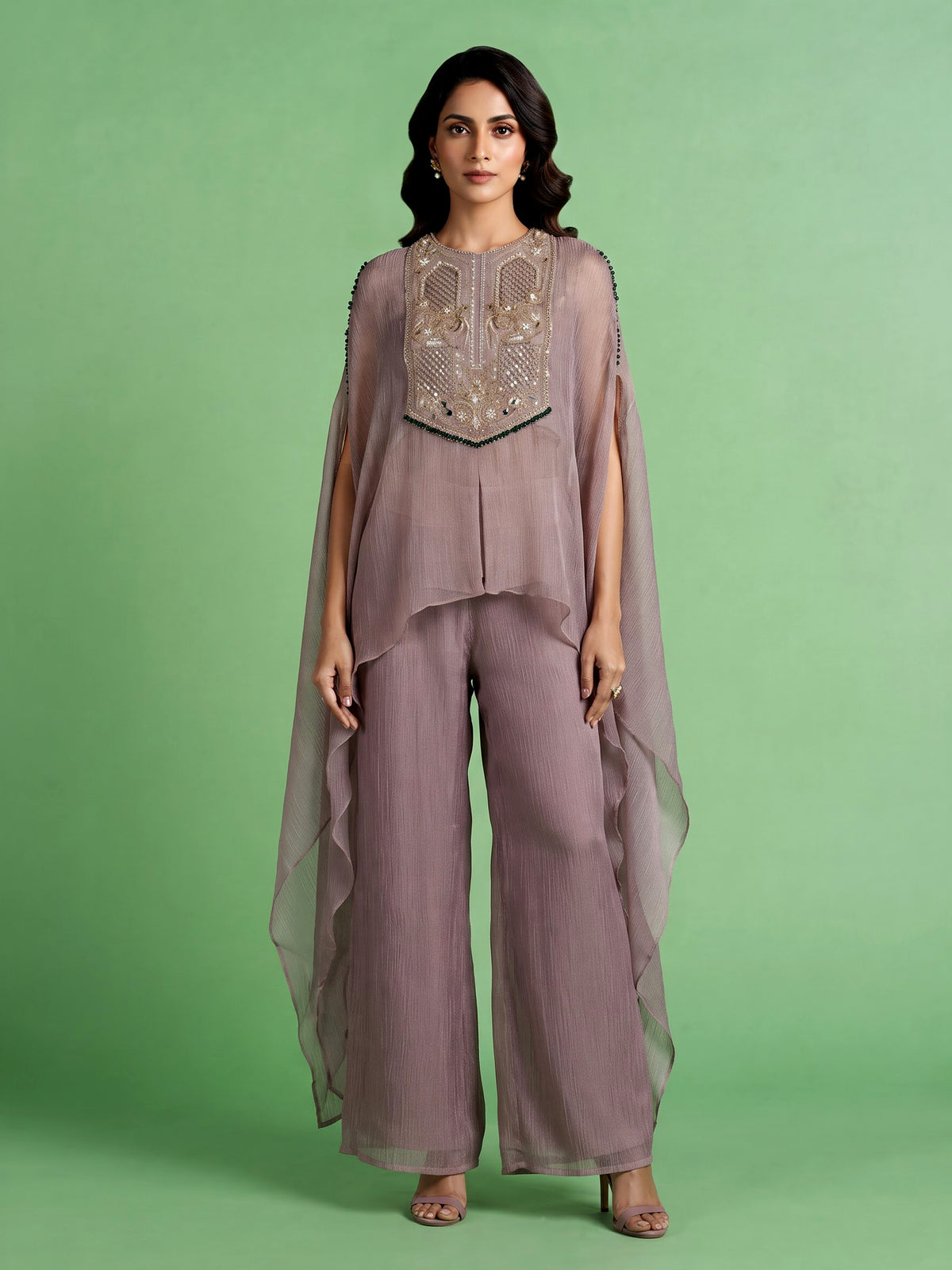 Pastel lavender lurex tissue palazzo suit with embellished yoke