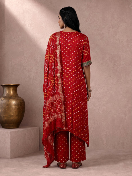 Red pure silk bandhani palazzo suit with zardosi and gota work