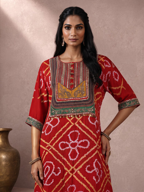 Red pure silk bandhani palazzo suit with zardosi and gota work