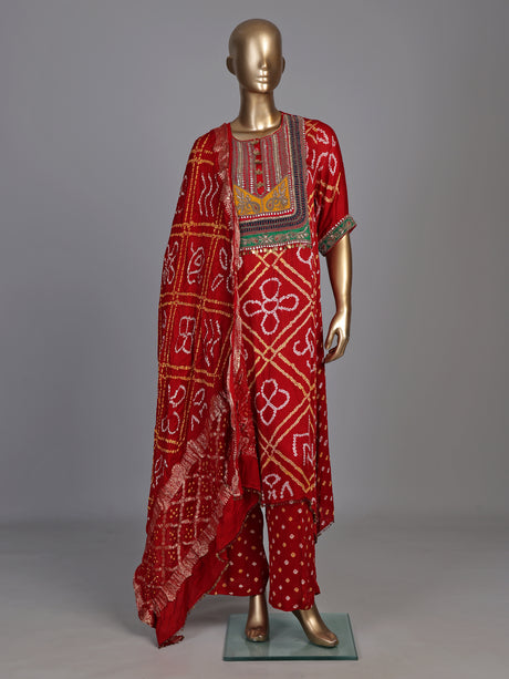 Red pure silk bandhani palazzo suit with zardosi and gota work