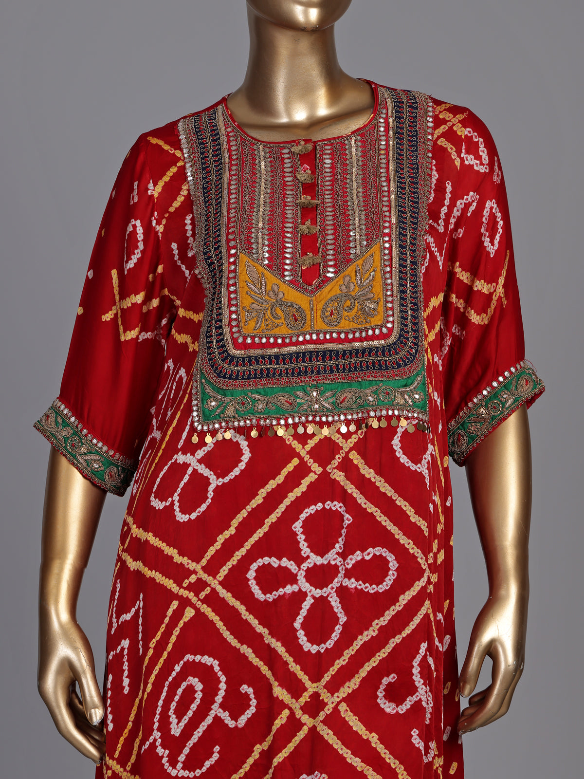 Red pure silk bandhani palazzo suit with zardosi and gota work