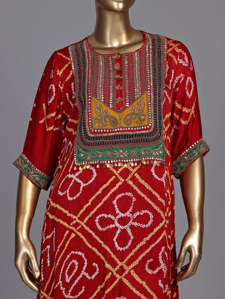 Red pure silk bandhani palazzo suit with zardosi and gota work