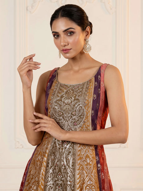 Multicolour banarasi jacquard anarkali suit with palazzo and dupatta