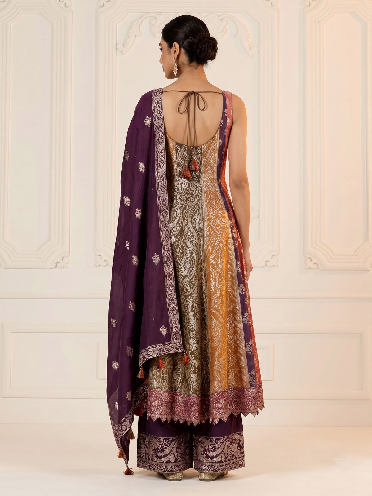Multicolour banarasi jacquard anarkali suit with palazzo and dupatta