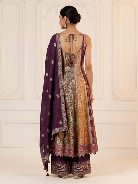 Multicolour banarasi jacquard anarkali suit with palazzo and dupatta