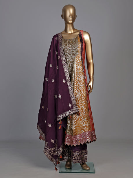 Multicolour banarasi jacquard anarkali suit with palazzo and dupatta