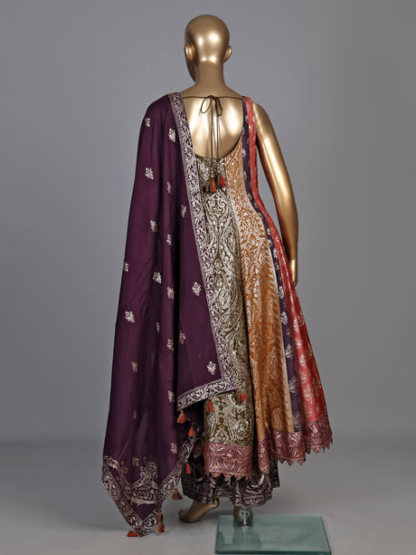 Multicolour banarasi jacquard anarkali suit with palazzo and dupatta