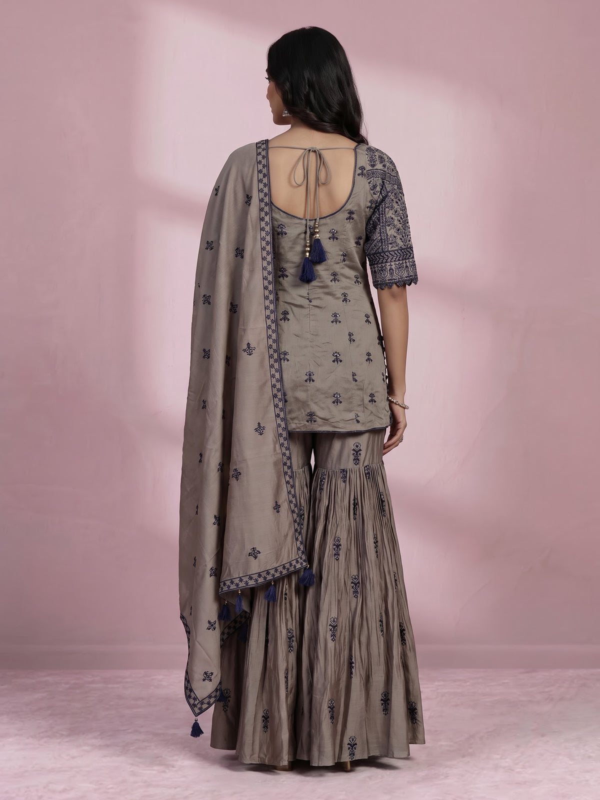Graceful grey pakistani sharara suit with blue embroidery