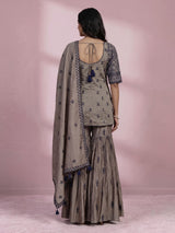 Graceful grey pakistani sharara suit with blue embroidery