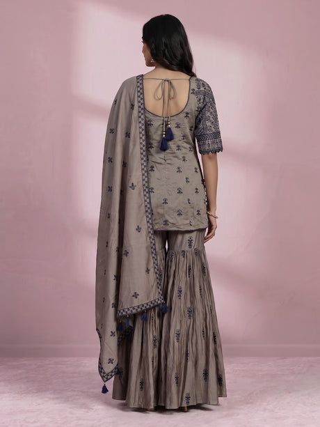 Graceful grey pakistani sharara suit with blue embroidery