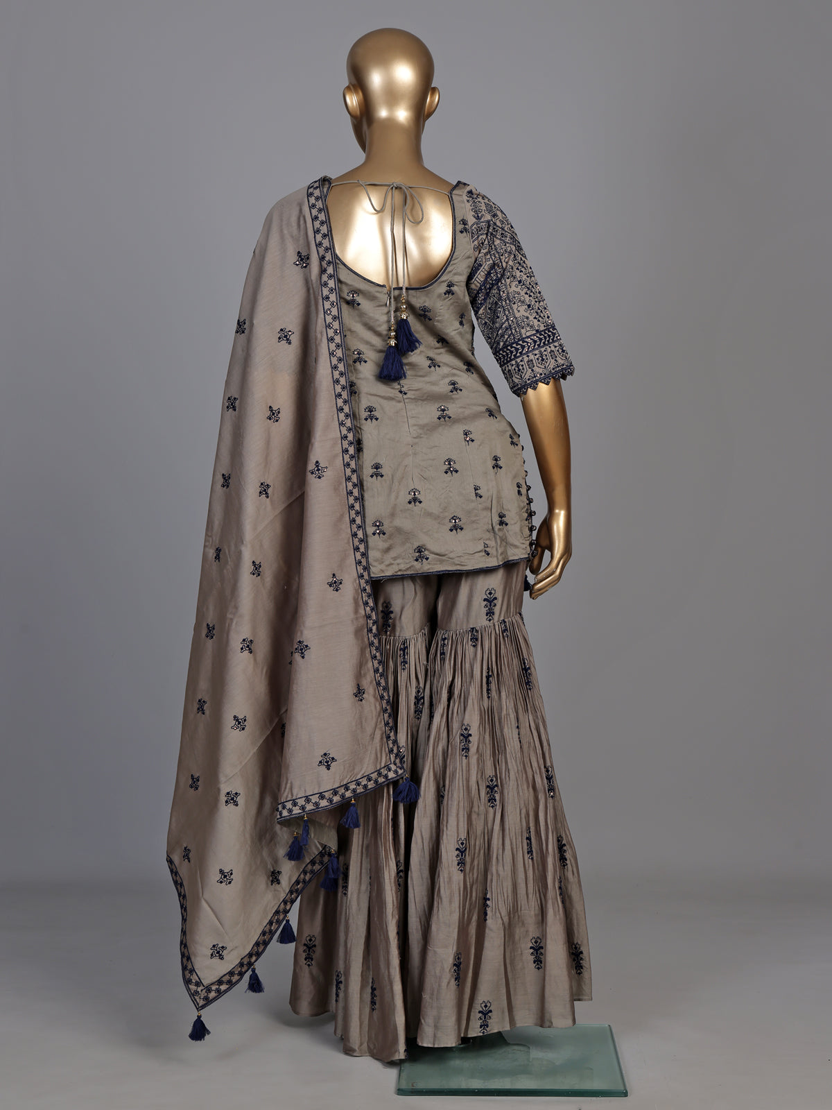 Graceful grey pakistani sharara suit with blue embroidery