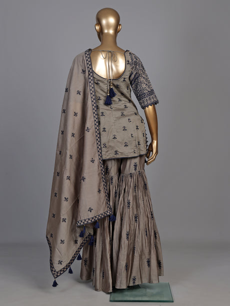 Graceful grey pakistani sharara suit with blue embroidery