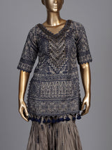 Graceful grey pakistani sharara suit with blue embroidery