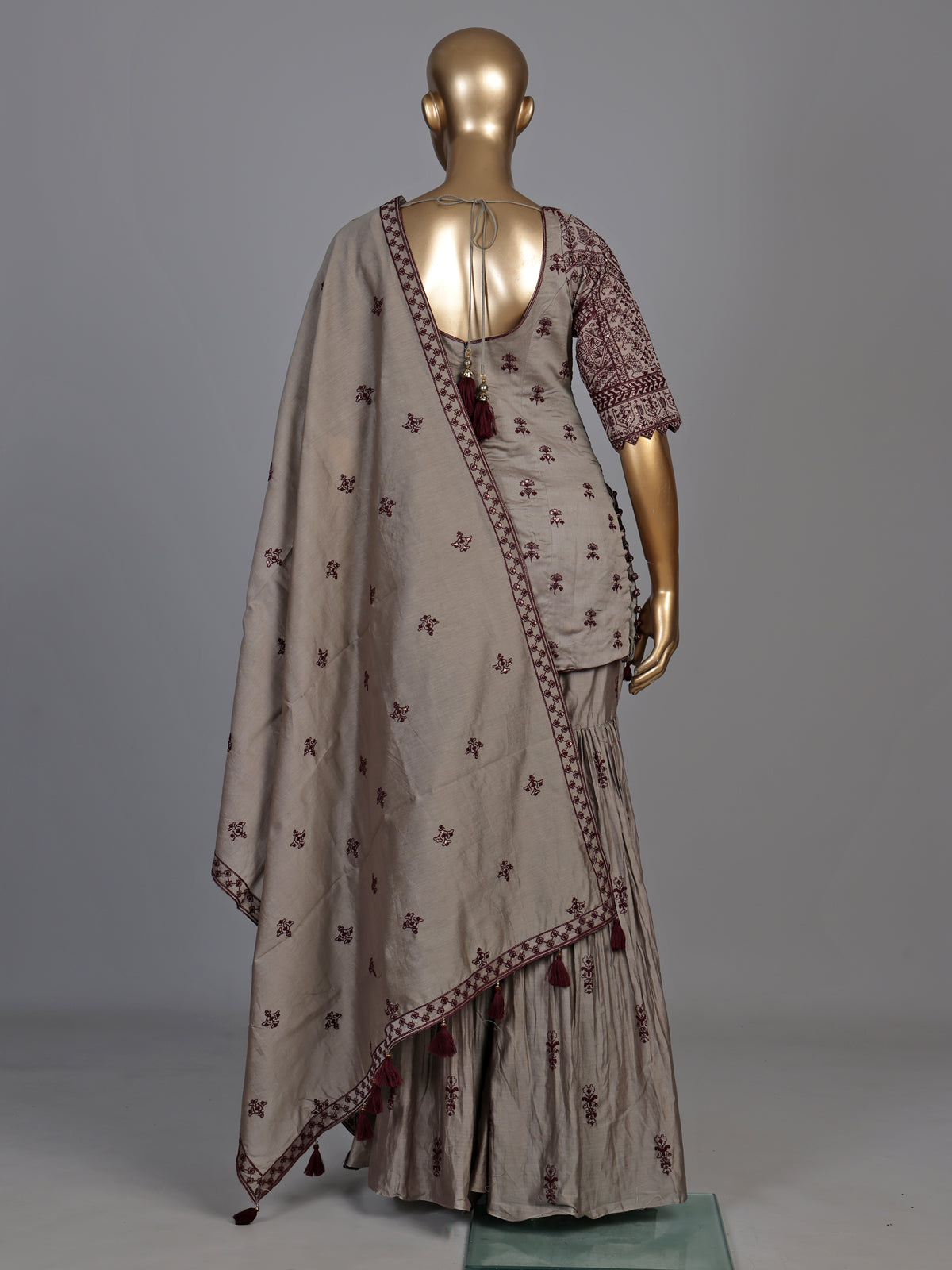 Elegant grey pakistani sharara suit with maroon embroidery and dupatta