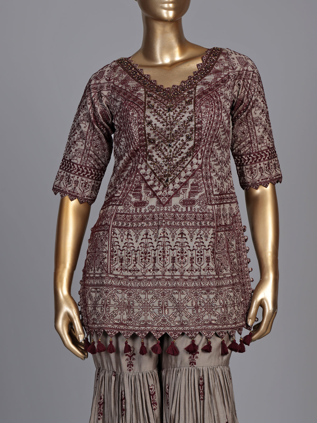 Elegant grey pakistani sharara suit with maroon embroidery and dupatta