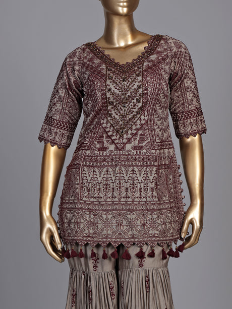 Elegant grey pakistani sharara suit with maroon embroidery and dupatta