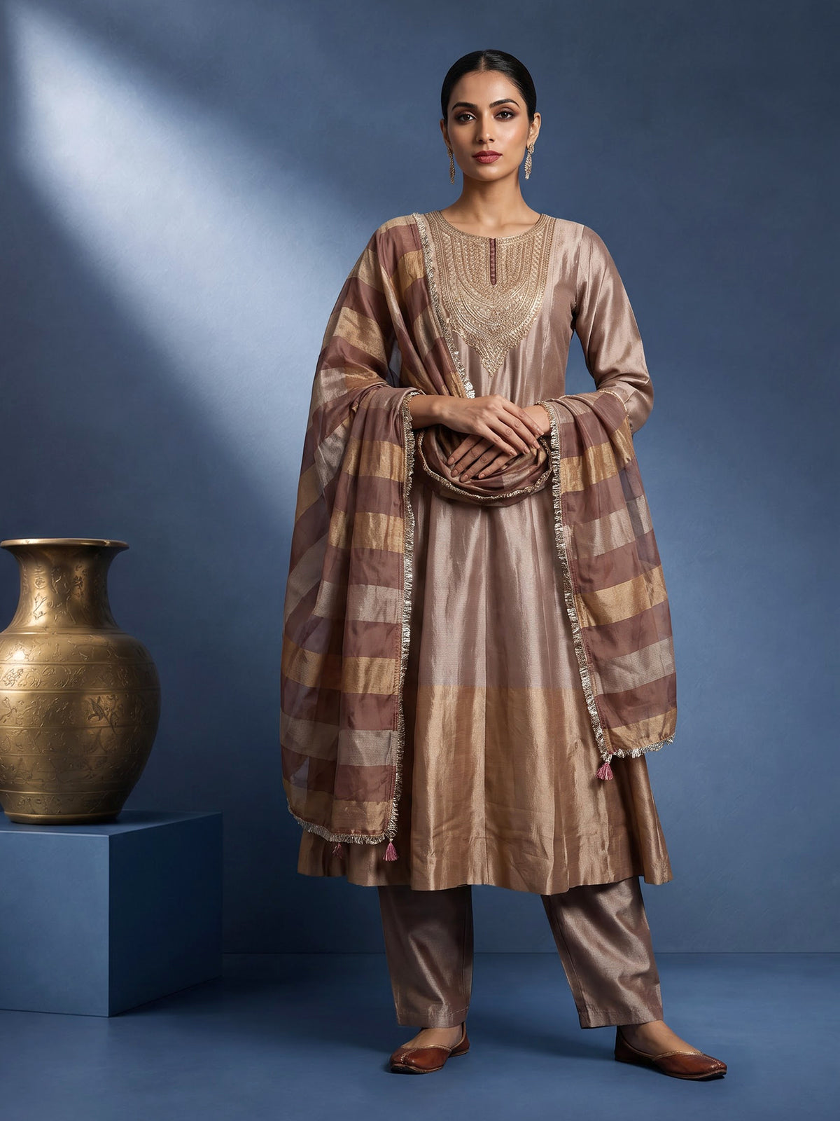 Pastel onion pink silk anarkali suit with intricate zardosi work