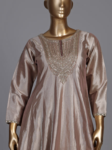 Pastel onion pink silk anarkali suit with intricate zardosi work