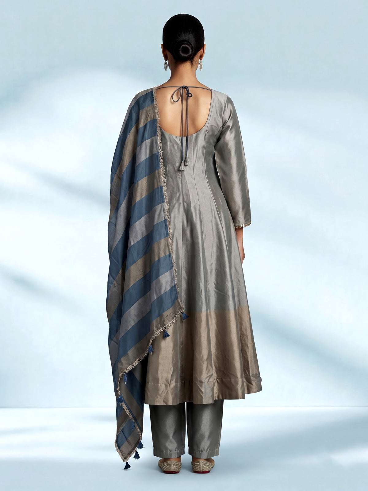 Elegant silver silk anarkali suit with zardosi embellished yoke
