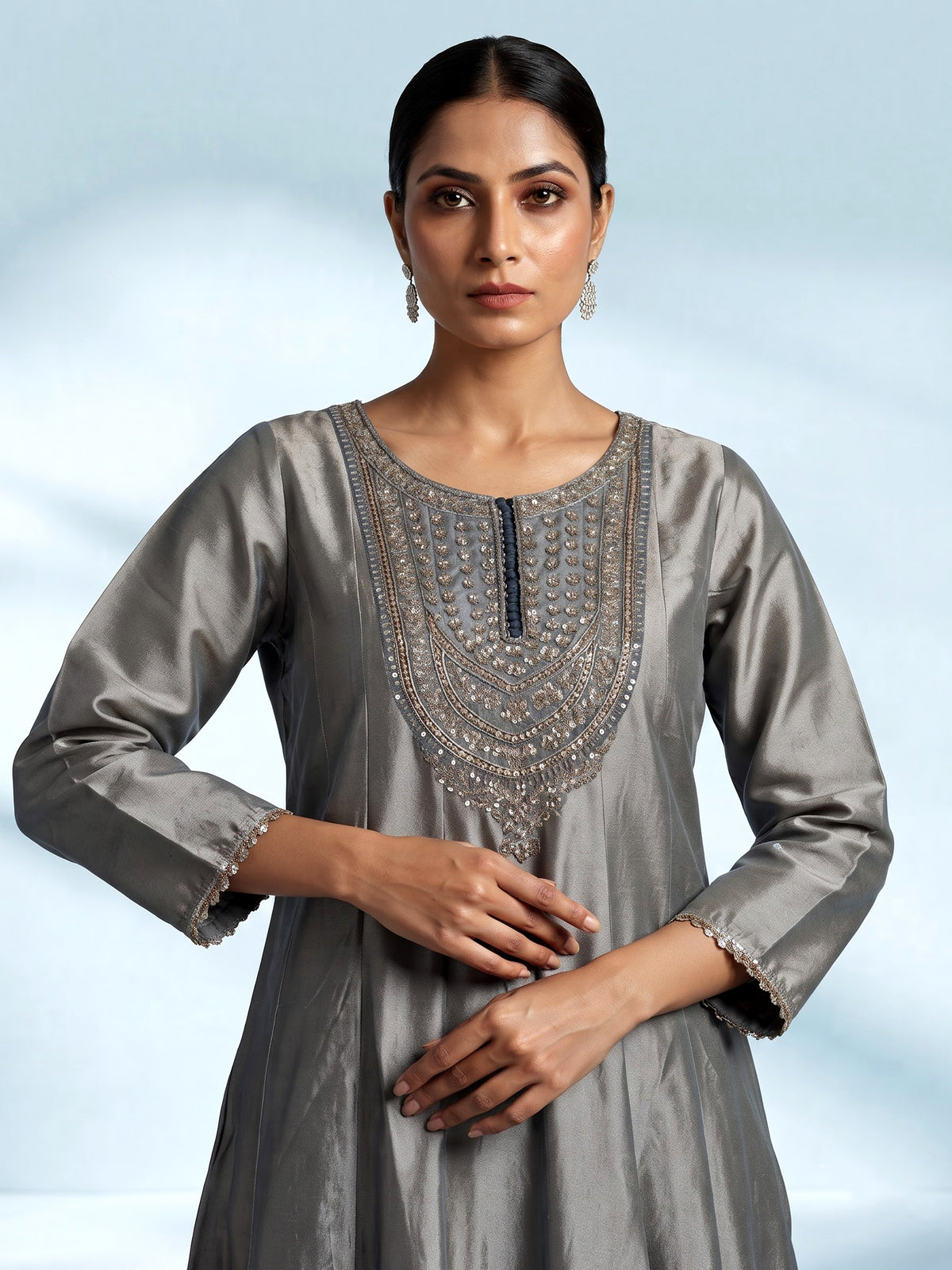 Elegant silver silk anarkali suit with zardosi embellished yoke