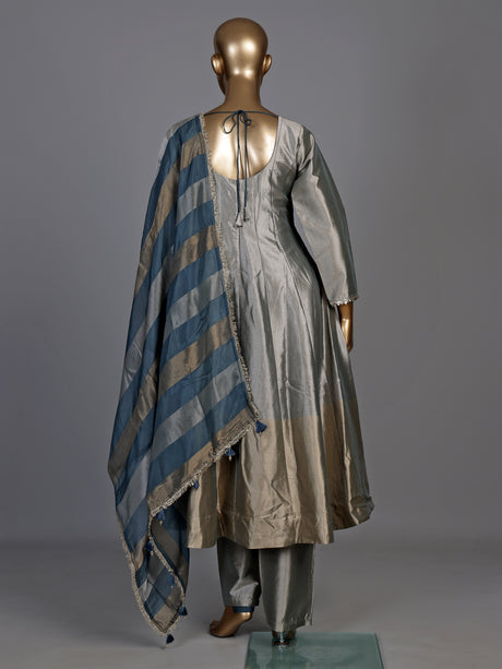 Elegant silver silk anarkali suit with zardosi embellished yoke