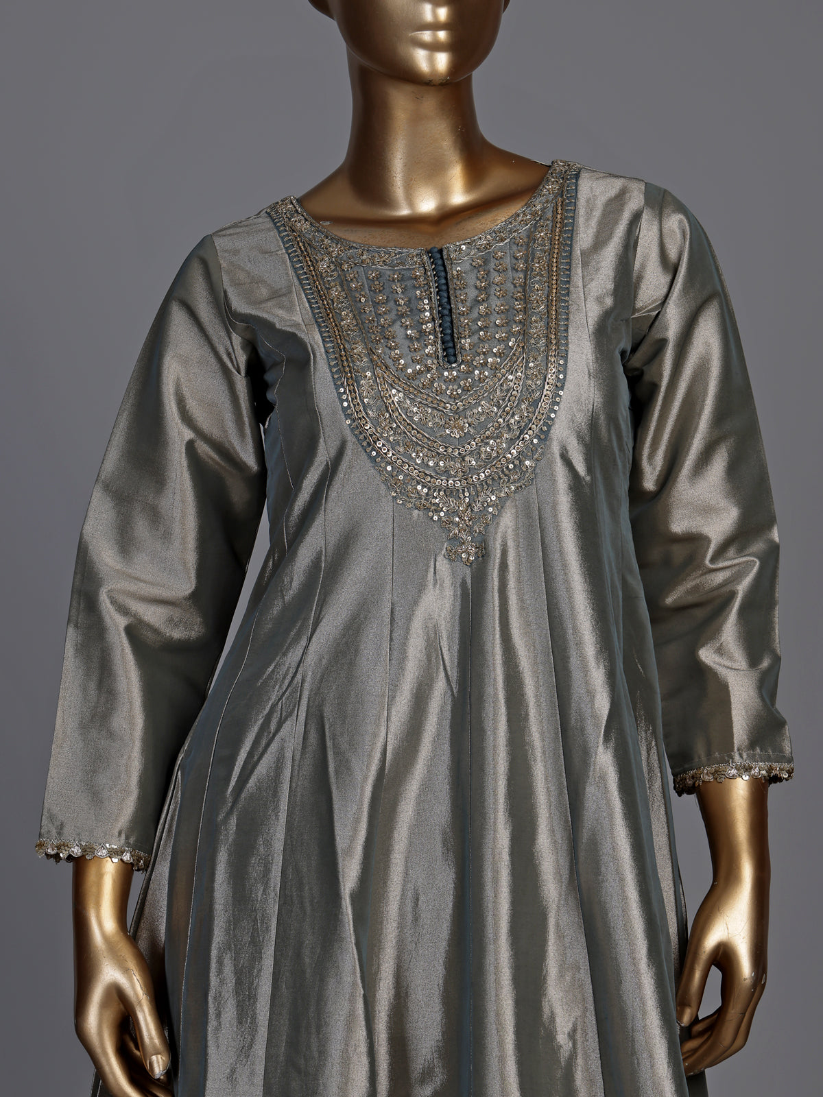 Elegant silver silk anarkali suit with zardosi embellished yoke