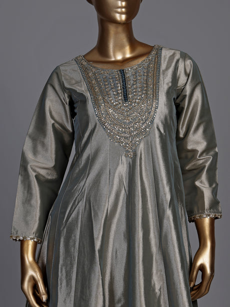 Elegant silver silk anarkali suit with zardosi embellished yoke