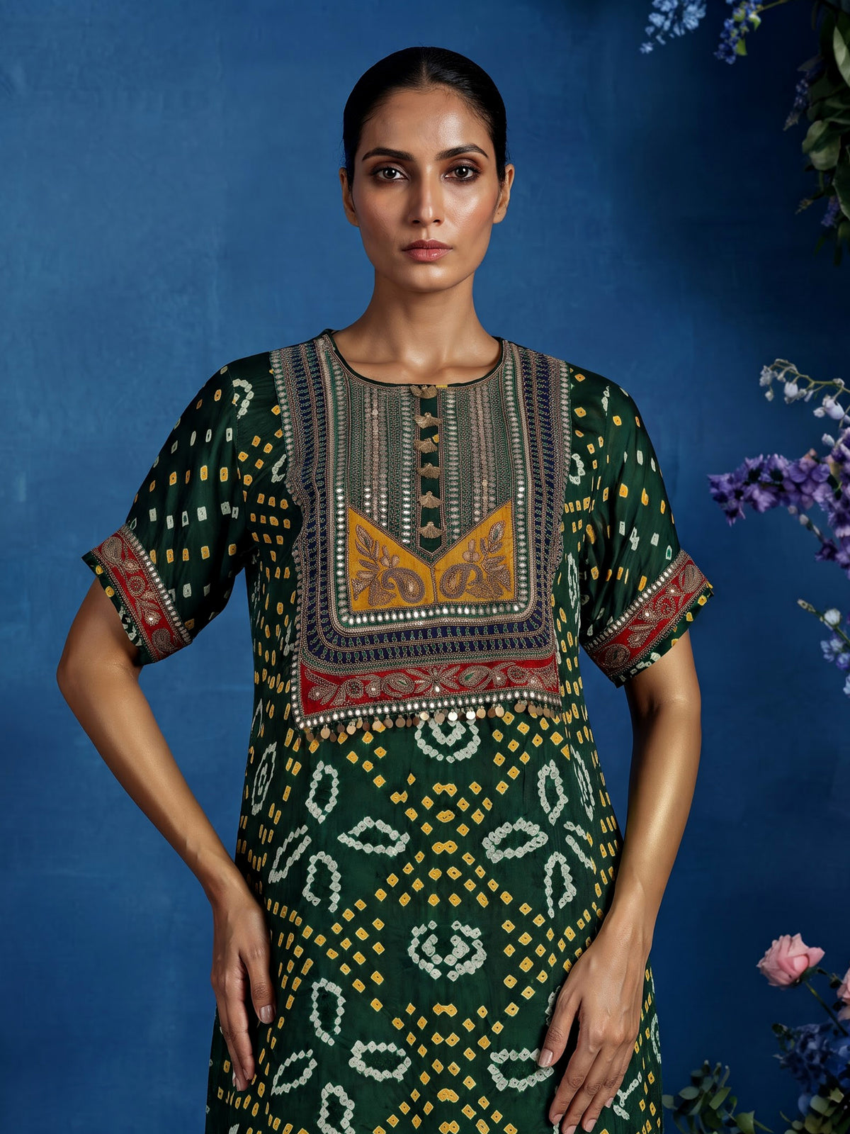 Green pure silk bandhani suit with gota and zardosi embellishments