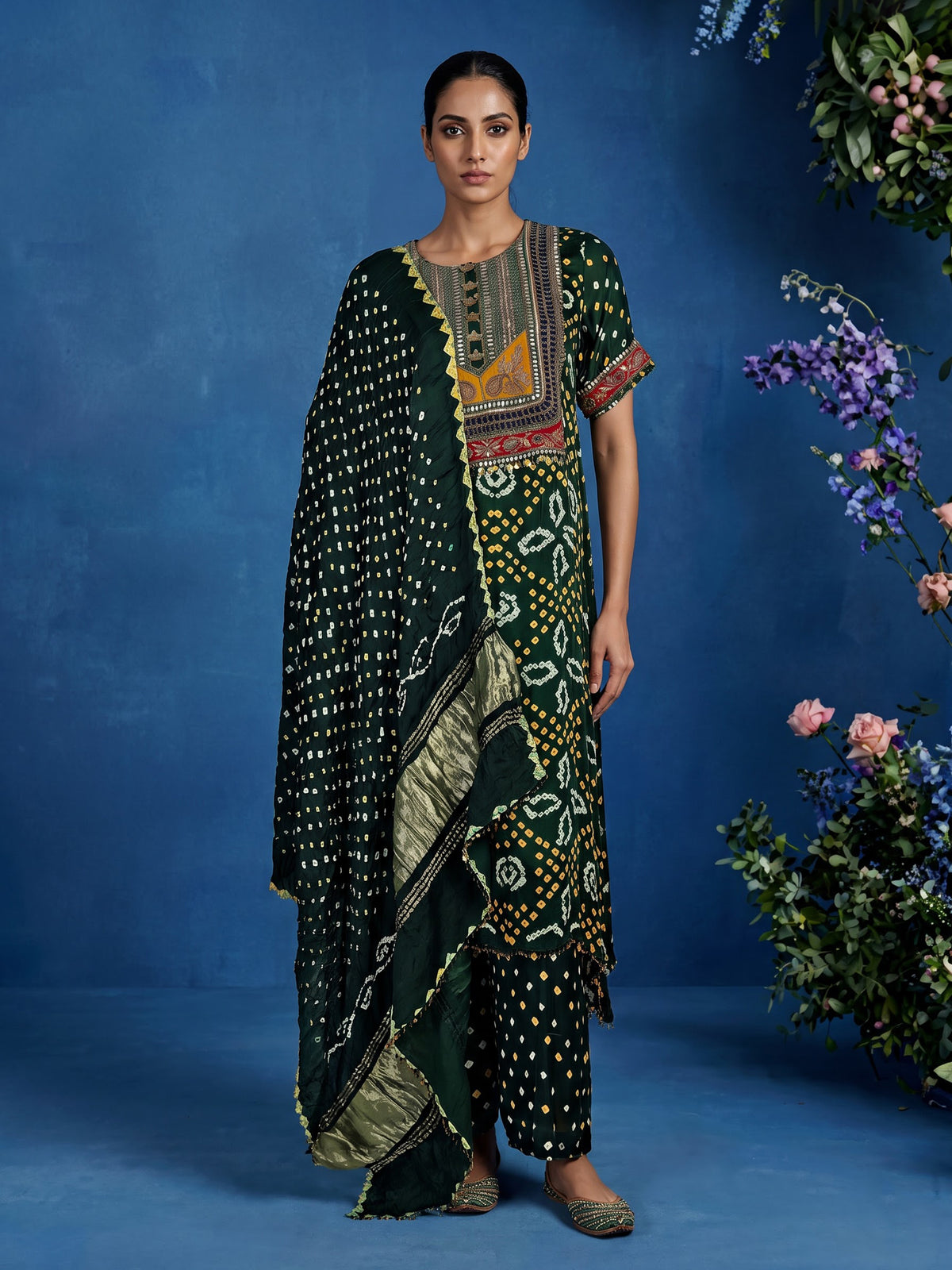 Green pure silk bandhani suit with gota and zardosi embellishments
