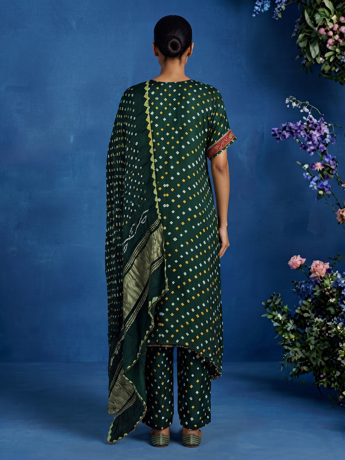 Green pure silk bandhani suit with gota and zardosi embellishments
