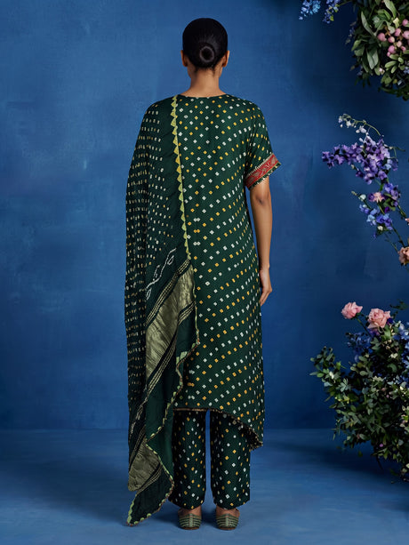 Green pure silk bandhani suit with gota and zardosi embellishments