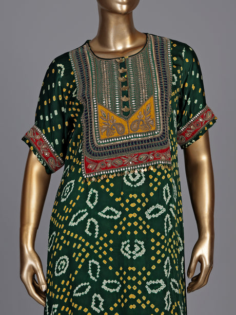 Green pure silk bandhani suit with gota and zardosi embellishments